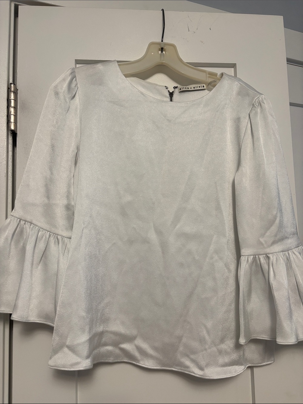 Alice + Olivia Shimmer White Bell Sleeve Top